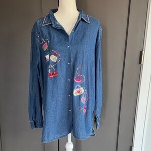 Vintage Bobbie Brooks Blue Button Down Shirt with Colorful Embroidery 100%Cotton